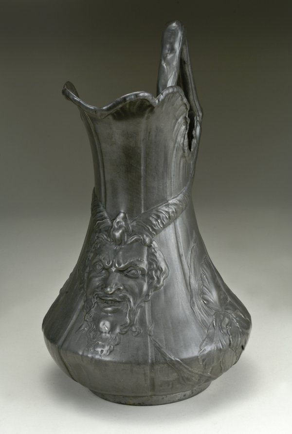 Early Signed Pewter Nouveau Pitcher: 12 1/2" tall with large Satan's head, incised Kaiser Zinn.