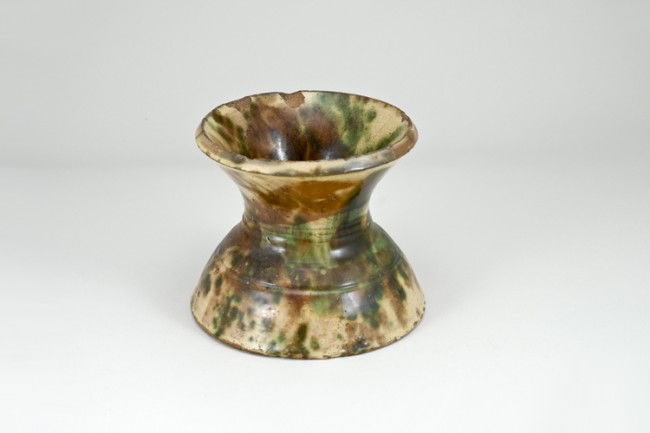 Early Redware Spittoon: Uncommon form. 6" tall, tri-color glaze. Overall age crazing, rim chips and wear.