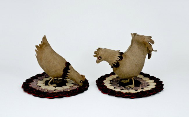 Rare Early Penny Rug Figural Penwipes: Exceptional one of a kind fabric hen and rooster penwipes, both with penny rug base, each measuring approximately 7 1/4" diameter. A few spots of moth damage, light fading and slight age discoloration