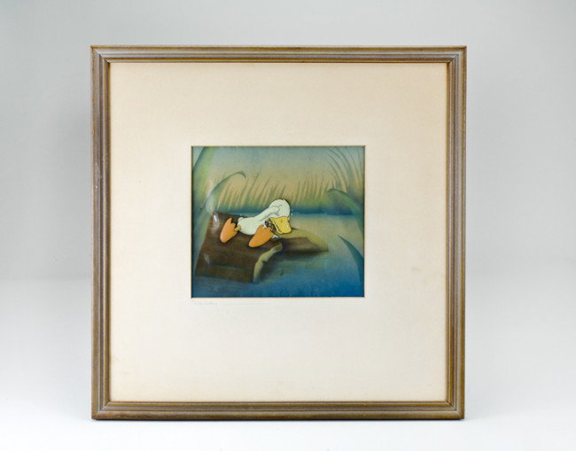 Early Original Disney Cell: Original frame measures 16 1/2" x 16 3/4" with "The Ugly Duckling" written in pencil on matte. Original 1938 Walt Disney label on reverse. Painted celluloid has light edge warping, no cracks, and is i