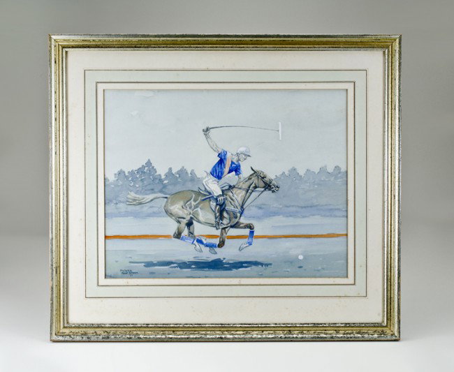 Paul Brown Polo Watercolor: Framed original watercolor by Paul Brown signed and dated '52. Gold gilt frame measures 21 1/2" x 18 1/2", depicting polo pony "Paloma". Matte has age discoloration spots.