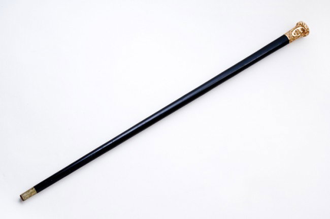 Early Gold Topped Presentation Cane: Overall 35 1/2", engraved "From Charles Durey and Meyers Edwards to John Fareira May 20, 1870".