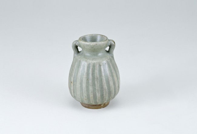 Ancient Chinese Jar: Opening diameter 1 3/8", base diameter 1 1/2", 3 3/8" tall. Labeled as: Sawankhalok Thailand Celadon Ring Handle Bottle C. 14th-15th Century. From a collection of Chinese Sung, Tang and Han Dynasty po