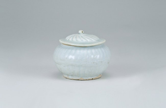 Ancient Chinese Celadon Lidded Jar: Opening diameter 2 3/4", base diameter 2 5/8", 3" tall overall. Labeled as: Sung, Ching-Pai, Southern, 11th-12th Century AD. From a collection of Chinese Sung, Tang and Han Dynasty pottery, all origin