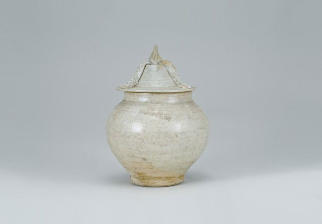 Ancient Chinese Lidded Jar: Opening diameter 3 1/8", base diameter 2 1/8", 6 1/8" tall overall. Encrustations. From a collection of Chinese Sung, Tang and Han Dynasty pottery, all originating from the construction site of the Th