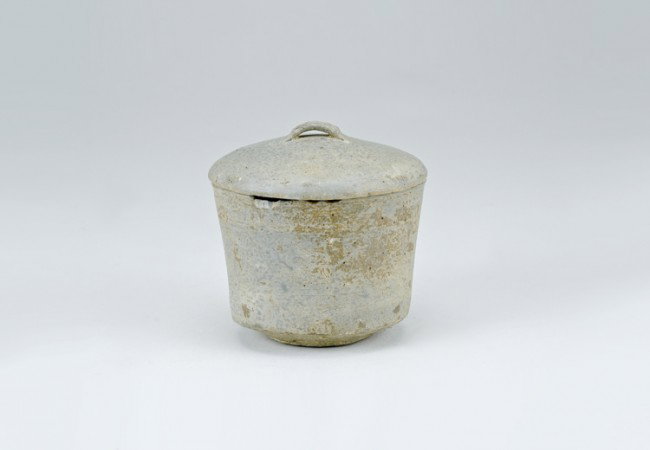 Ancient Chinese Lidded Jar: Opening diameter 3 1/2", base diameter 1 7/8", 3 5/8" tall. From a collection of Chinese Sung, Tang and Han Dynasty pottery, all originating from the construction site of the Three Gorges Dam in China