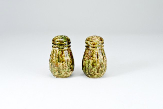 Bennington Salt and Pepper Shakers: Early mottled brown/green glaze, each 4 3/4" tall in excellent condition.