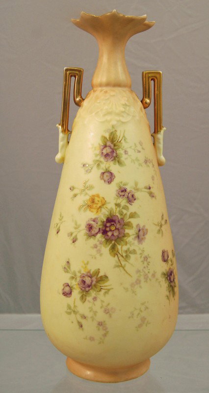 R.W. Rudolstadt Vase: German R.W. Rudolstadt 12 inch vase with purple flowers.