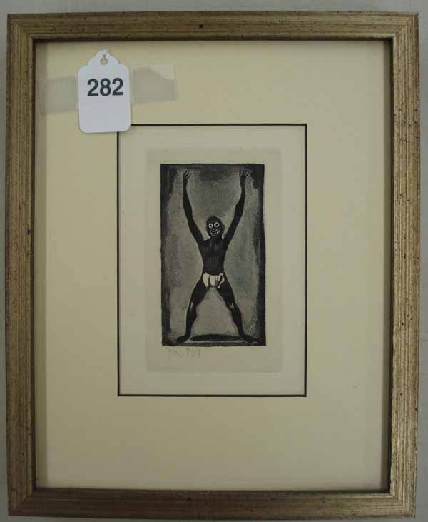 Wood Block Print: Wood block print signed SR 1929 of clown face man. Sight size 4" x 5 3/4".