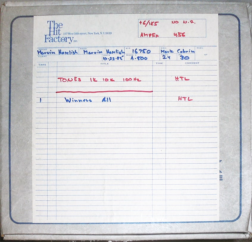 1985 -MARVIN HAMLISCH- Master Music Reel-to-Reel Tape: 1985 "Marvin Hamlish - Winners All" tape from "The Hit Factory" Master Tape Archive. 10.5" Reel of 2" tape.#7518 - 13