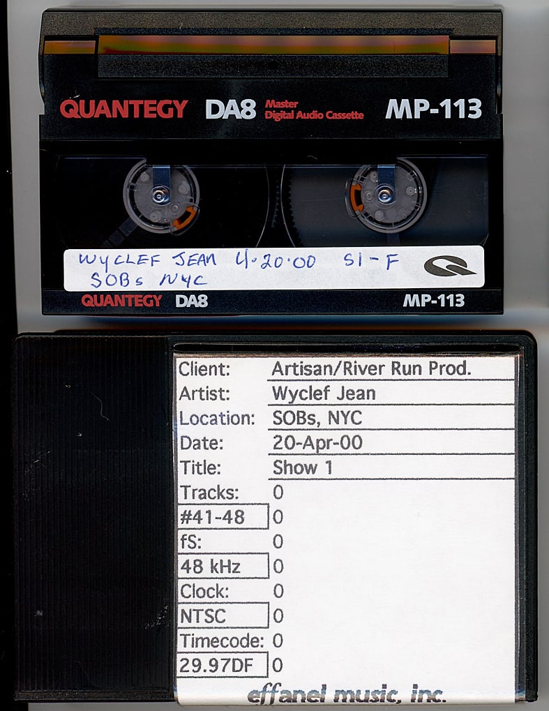 2000 -WYCLEF JEAN- Master Hip-Hop/Rap Music DA8 Tape: 2000 "Wyclef Jean - NYC Show - SOB's" DA8 tape from "The Hit Factory" Master Tape Archive. #6876