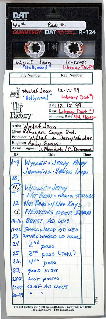 1999 -NAS/WYCLEF JEAN/REFUGEE CAMP- Master Hip-Hop/Rap DAT Tape: 1999 "Wyclef - NAS - Refugee Camp" DAT tape from "The Hit Factory" Master Tape Archive. #8975