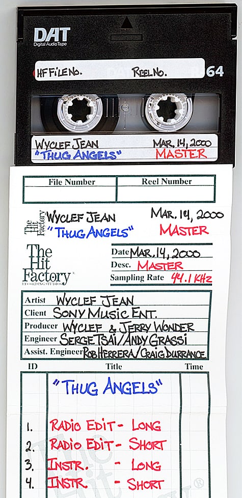 2000 -WYCLEF JEAN- Thug Angels Master Hip-Hop/Rap DAT Tape: 2000 "Wyclef Jean - Thug Angels" DAT tape from "The Hit Factory" Master Tape Archive. #8979