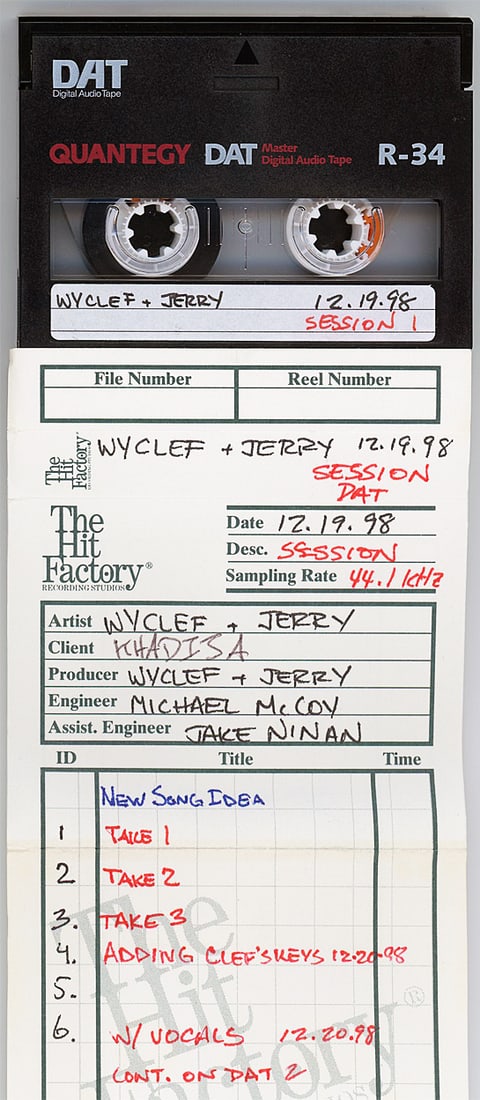 1998 -KHADIJAH/WYCLEF JEAN- Master Hip-Hop/Rap Music DAT Tape: 1998 "Wyclef - Khadijah - New Song Idea" DAT tape from "The Hit Factory" Master Tape Archive. #6840