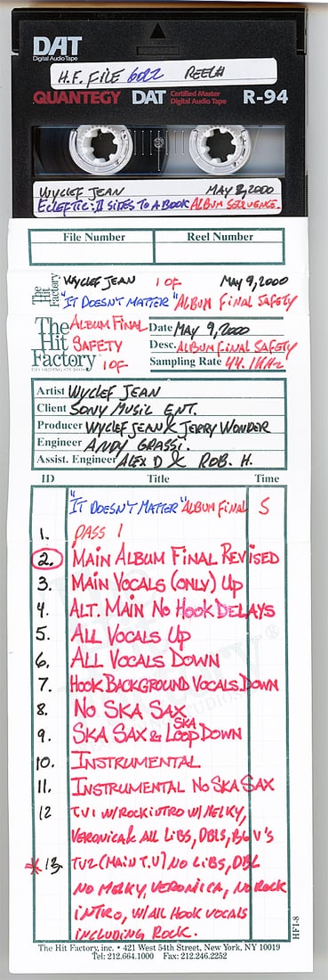 2000 -THE ROCK/WYCLEF JEAN- MASTER Wrestling Hip-Hop Music DAT Tape: 2000 "Wyclef Jean - It Doesn't Matter" DAT Tape from "The Hit Factory" Master Tape Archive. This is the song Wyclef did with WWF/WWE wrestler Dwayne "The Rock" Johnson.#1435