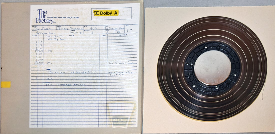 1976 -JAY and THE AMERICANS- MASTER Vintage Rock Music Reel-to-Reel Tape: 1976 "Jay Black - Be My Love" tape from "The Hit Factory" Master Tape Archive. 9" Reel of 1/4" tape. #3044 - 2.5