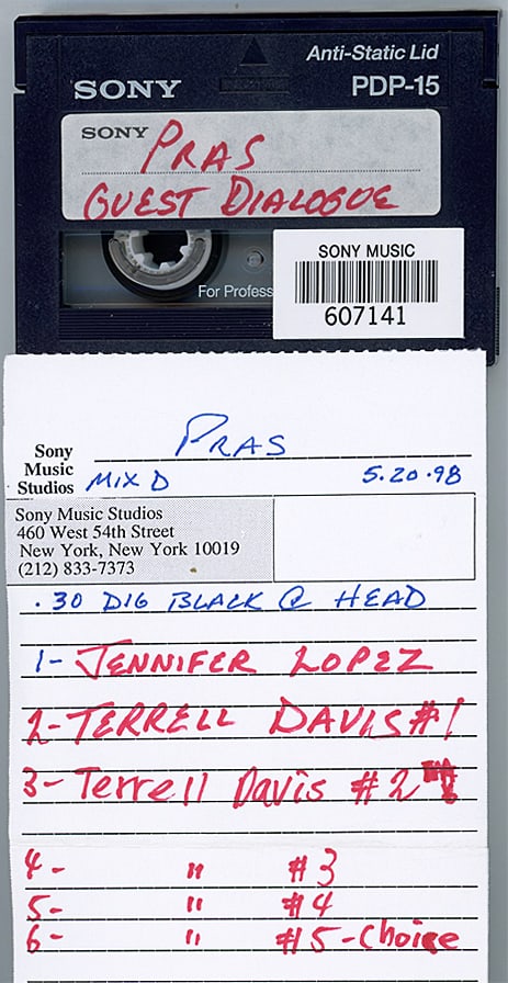 1998 -JENNIFER LOPEZ/PRAS- MASTER Hip-Hop/Rap Music DAT Tape - JLo: 1998 "PRAS - Jennifer Lopez - Terrell Davis" DAT Tape from "The Hit Factory" Master Tape Archive. #2996