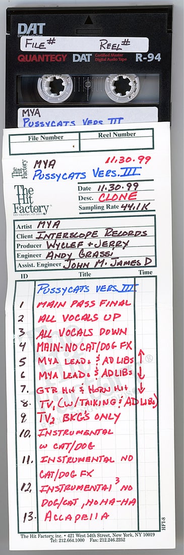 1999 -MYA- MASTER Hip-Hop/Rap Music DAT Tape: 1999 "MYA - Pussycats" DAT tape from "The Hit Factory" Master Tape Archive. #2984