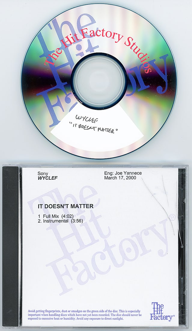 2000 -THE ROCK/WYCLEF JEAN- MASTER Rap/Hip-Hop Music CD-R - WWF/WWE Wrestling: 2000 "Wyclef Jean - It Doesn't Matter" Master recording session CD-R from "The HIT FACTORY" Master tapes archive. This is the song Wyclef did with Dwayne "The Rock" Johnson. #3457