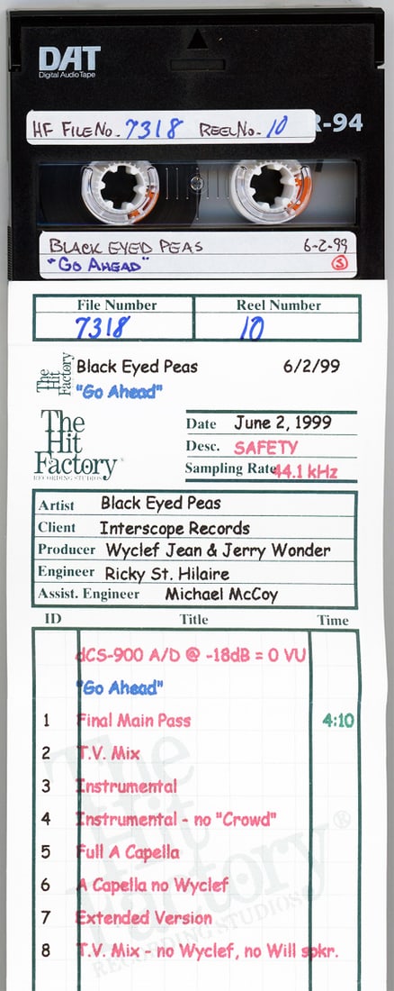 1999 -BLACK EYED PEAS- MASTER Vintage Hip-Hop/Rap Music DAT Tape: 1999 "Black Eyed Peas - Go Ahead" DAT tape from "The Hit Factory" Master Tape Archive. #3451