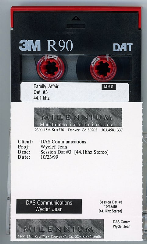 1999 -THE SOPRANOS- MASTER Wyclef Jean TV Music DAT Tape: 1999 "Wyclef Jean - Family Affair" DAT Tape from "The Hit Factory" Master Tape Archive. This is the song Wyclef did for "The Sopranos" tv show. #3448