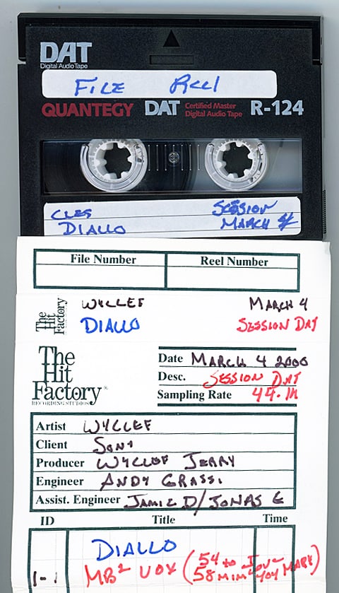 2000 -WYCLEF JEAN- MASTER AMADOU DIALLO Rap/Hip-Hop Music DAT Tape: 2000 "Wyclef Jean - Diallo" DAT tape from "The Hit Factory" Master Tape Archive. #3435