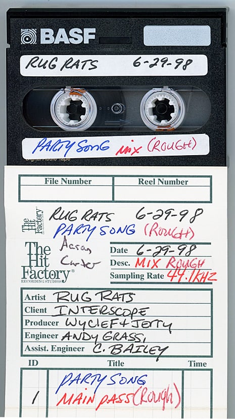 1998 -AARON CARTER/WYCLEF JEAN- MASTER RUGRATS Music DAT Tape: 1998 "Aaron Carter - Wyclef - Party Song - Rugrats" DAT tape from "The Hit Factory" Master Tape Archive. #3454