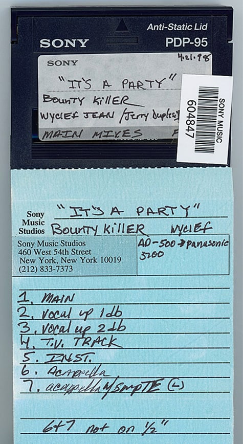 1998 -BOUNTY KILLER/WYCLEF JEAN- MASTER RAP/HIP-HOP Music DAT Tape: 1998 "Bounty Killer - Wyclef Jean - It's A Party" DAT tape from "The Hit Factory" Master Tape Archive. #3436