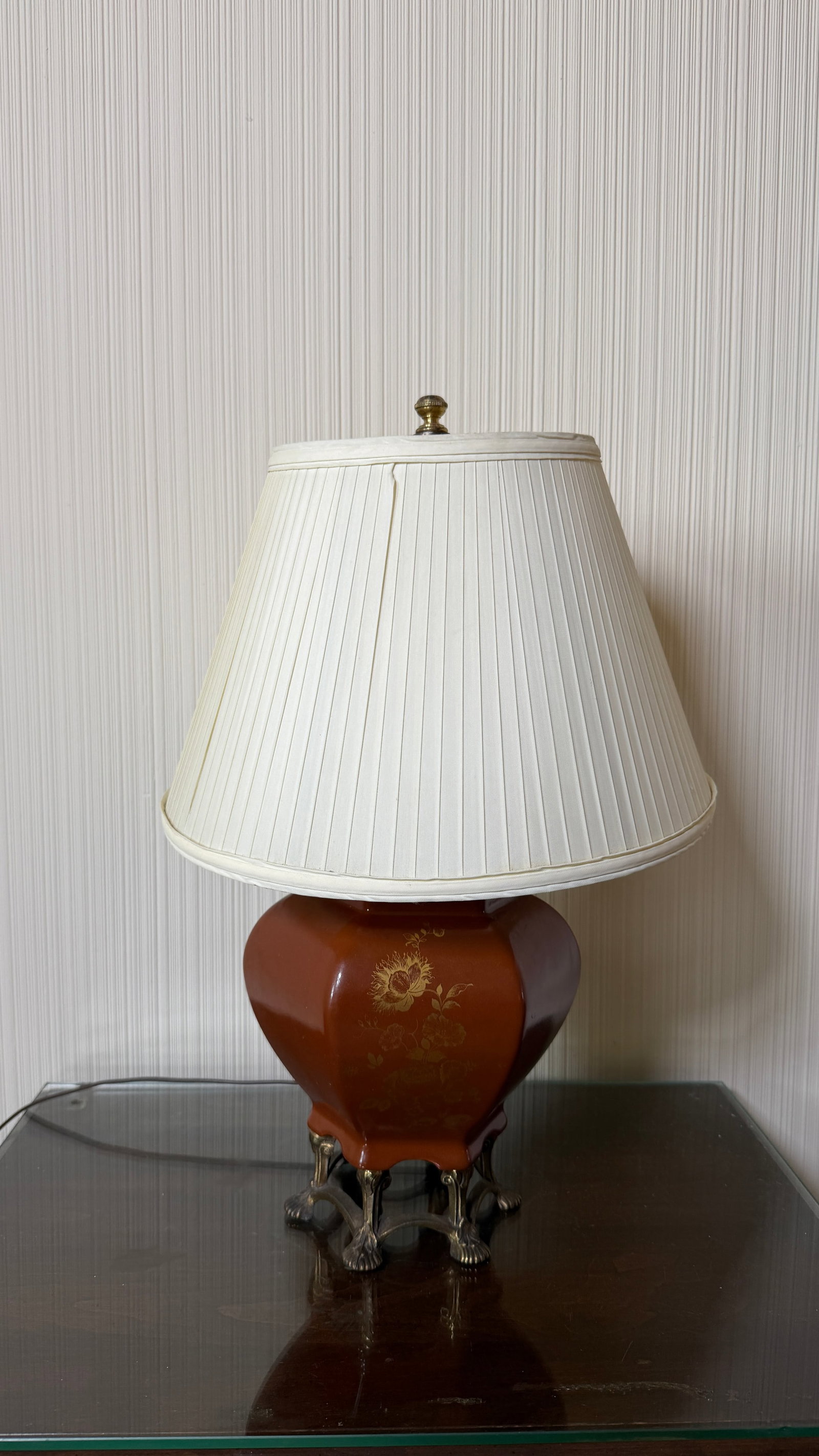 Ceramic Hexagonal Shaped Table Lamp: Jar Style table Lamp. Brass Feet. (8"dia 18"H)