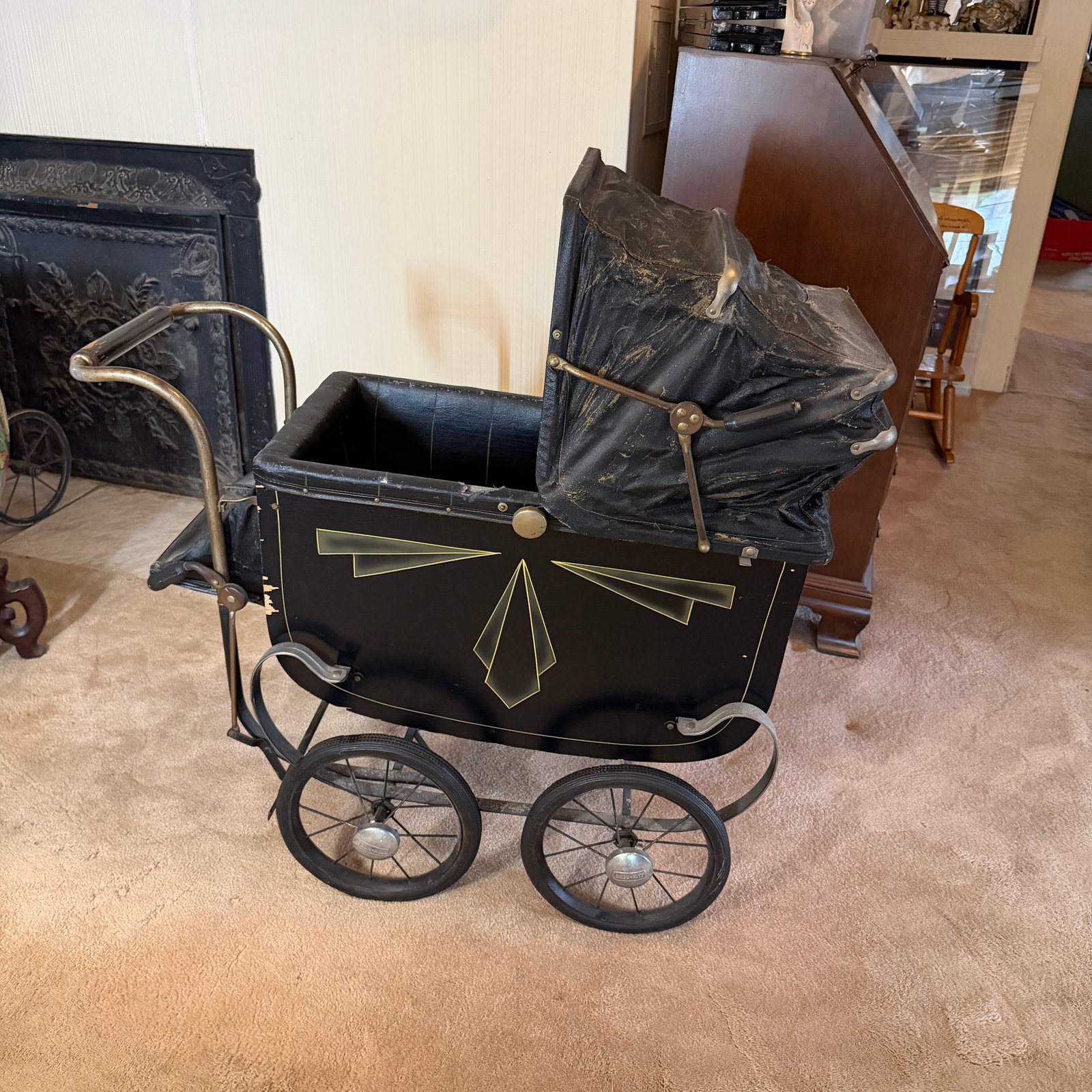Antique Wood Doll Carriage Stroller: Large Antique Carriage. Selling in as is condition. Missing 2 silver wheel caps
