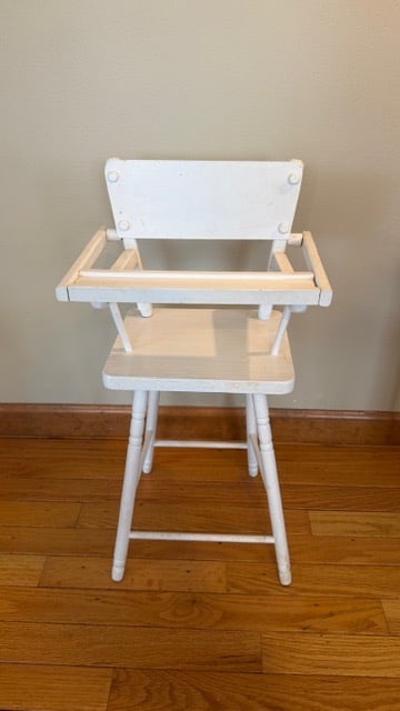 Antique White Wood Doll High Chair: 12” x 8.5” x 19”H