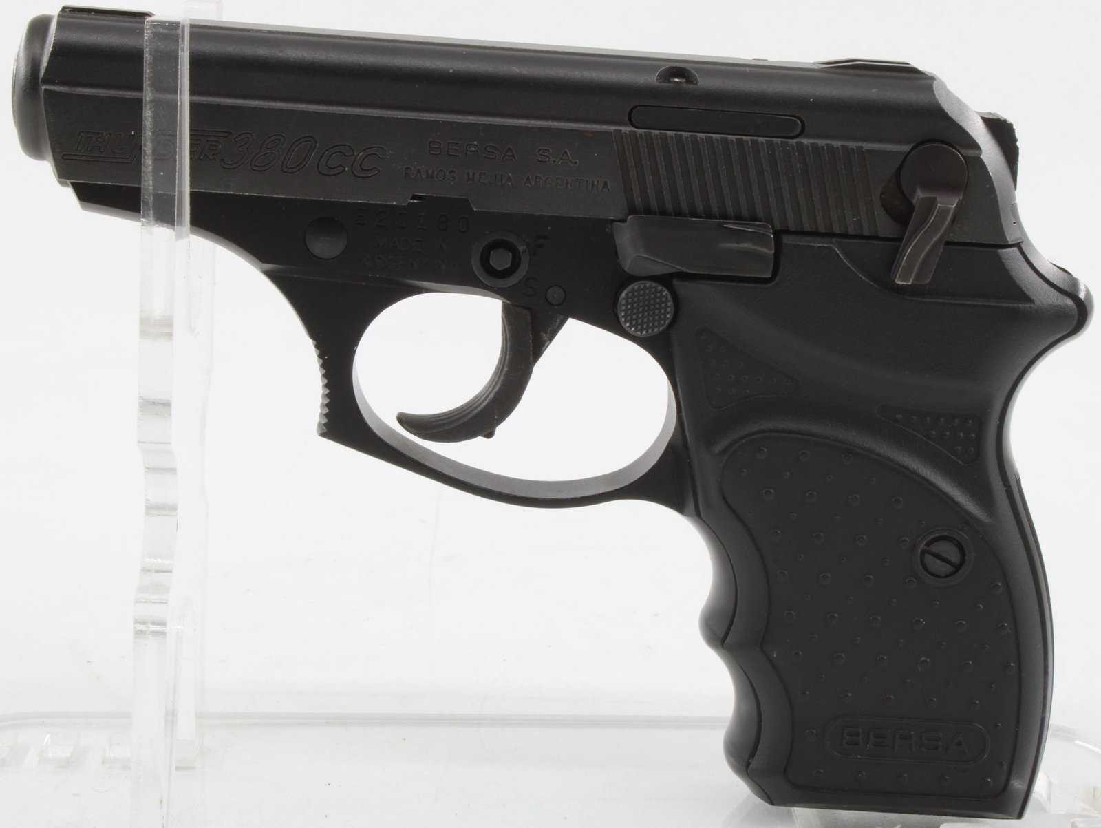 Bersa Thunder 380CC Semi-Automatic Pistol, .380 ACP: Bersa Thunder 380CC double-action/single-action semi-automatic pistol chambered in .380 ACP, S/N E20180, manufactured in Argentina. Features a 3.25" barrel, matte finish, black polymer grips, three-do