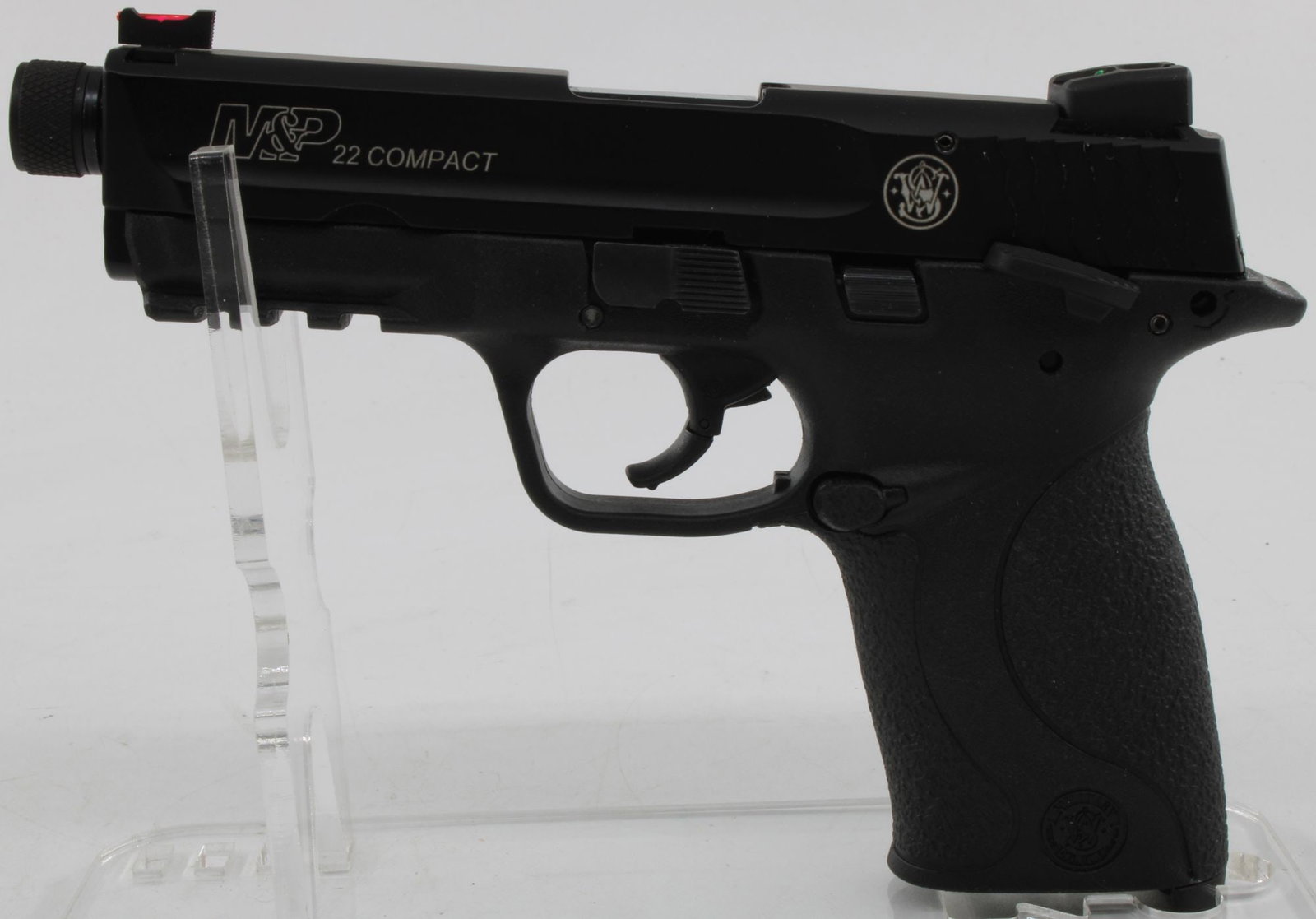 Smith & Wesson M&P Compact .22 LR Semi-Auto Pistol w/ Box & Magazines: Smith & Wesson M&P Compact semi-automatic pistol chambered in .22 LR with approximately 3.6-inch barrel. Polymer-frame pistol featuring matte black finish, fixed sights, textured grip, and manual safe