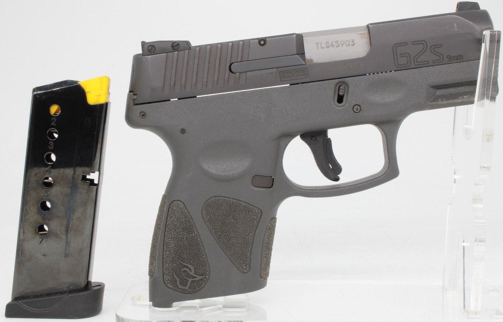 Taurus G2S 9mm Semi-Automatic Pistol w/ Magazine: Taurus G2S semi-automatic pistol chambered in 9mm with compact polymer frame and matte black slide. Features striker-fired action, fixed 3-dot sights, textured grip, and slim profile designed for conc