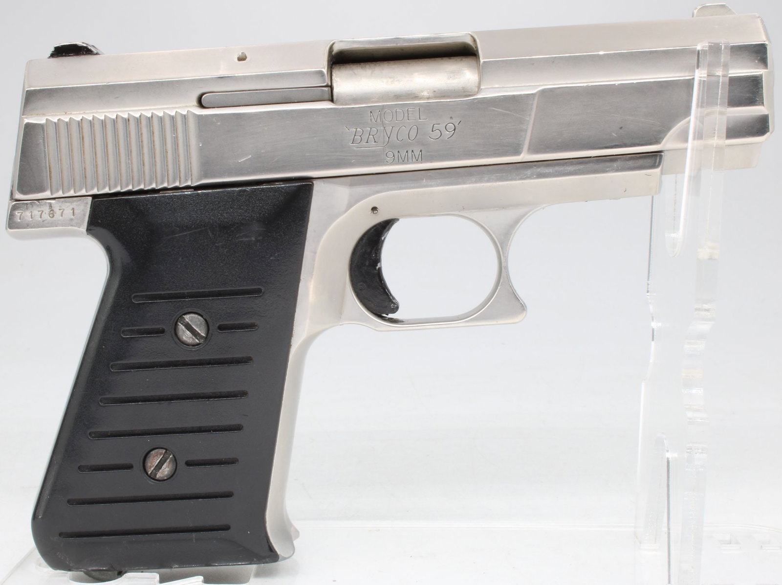 Bryco Arms Bryco 59 / Jennings Firearms 9mm Semi-Automatic Pistol w/ Magazine: Bryco Arms Model 59 semi-automatic pistol chambered in 9mm, marked Jennings Firearms by Bryco Arms, Irvine, California. Features satin nickel finish, fixed sights, manual safety, and black synthetic g