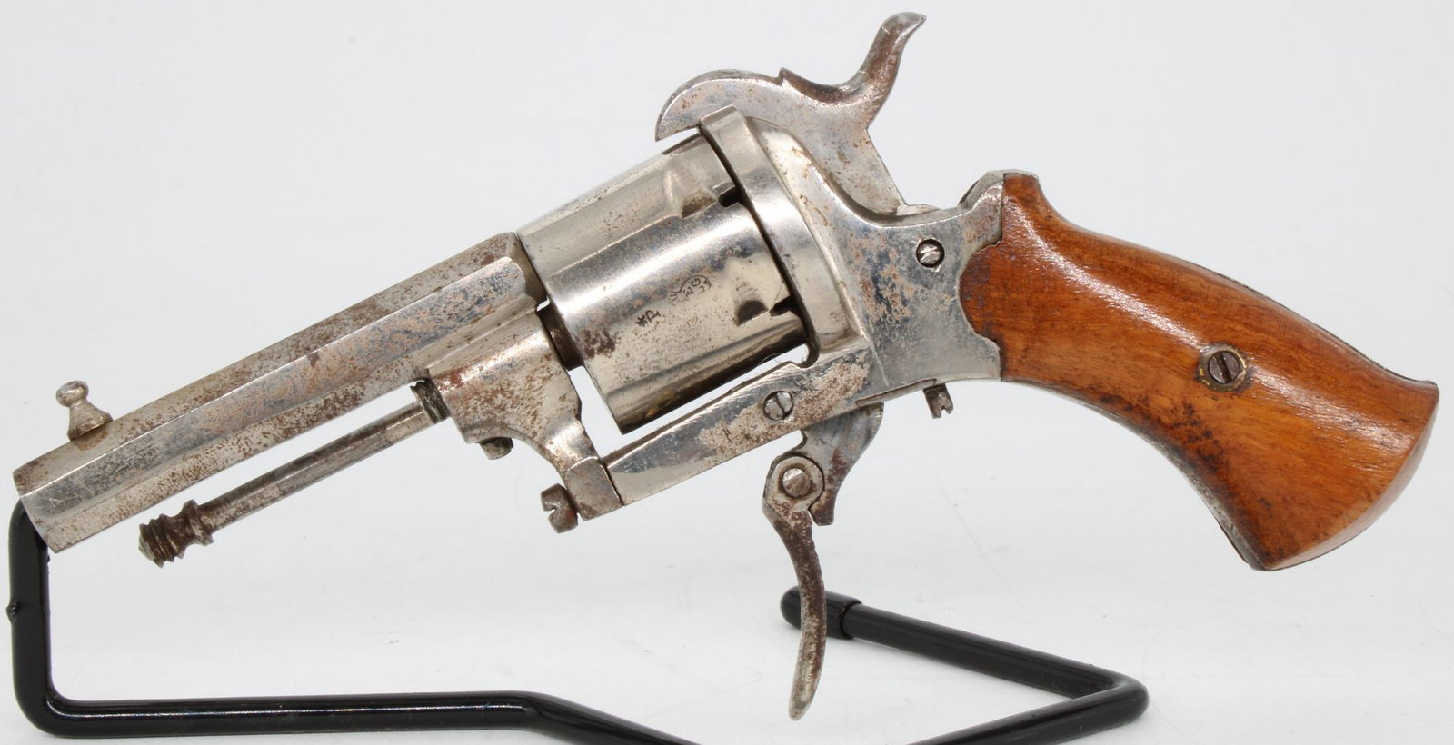 Antique European Pinfire Revolver w/ Folding Trigger, Nickel Finish: Antique European pinfire revolver, likely mid-to-late 19th century, featuring 2.57-inch octagon barrel, nickel-plated finish, and folding trigger. Revolver bears hallmarks/proof marks on barrel, cylin
