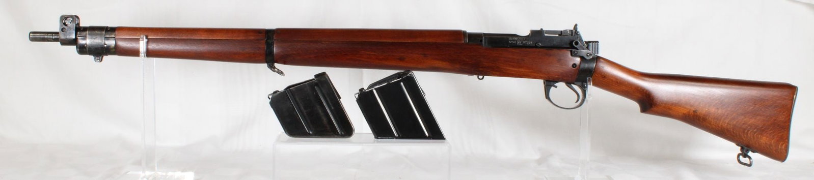 Lee–Enfield No. 4 Mk 2 (F) .303 British Bolt Action Rifle, 1954: British Lee–Enfield No. 4 Mk 2 (F) rear-locking rifle manufactured at the Royal Ordnance Factory Fazakerley, stamped 1/54 to indicate a manufacture date of January 1954. Barrel stamped .303B UK Cali