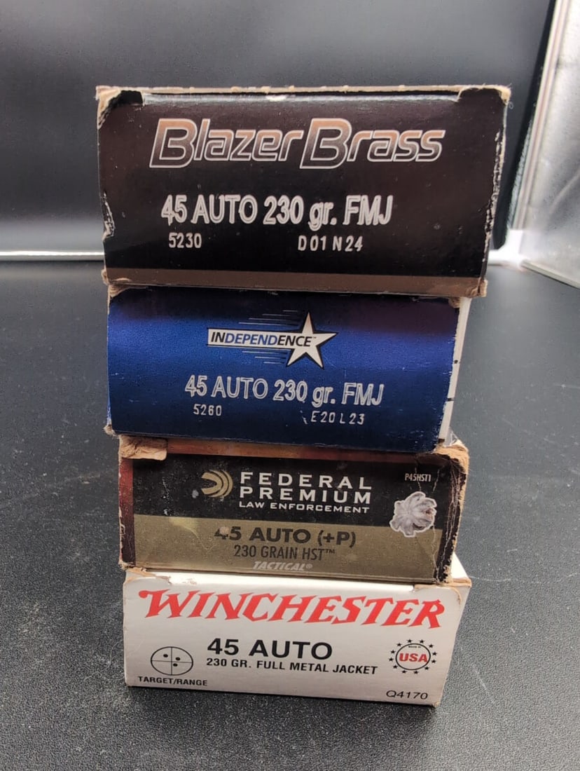 182 Mixed 45 Auto Ammunition: Lot includes 182 rounds of mixed .45 Auto (.45 ACP) ammunition. Includes assorted ammunition from various manufacturers and may contain mixed bullet types, grain weights, and packaging formats, includ