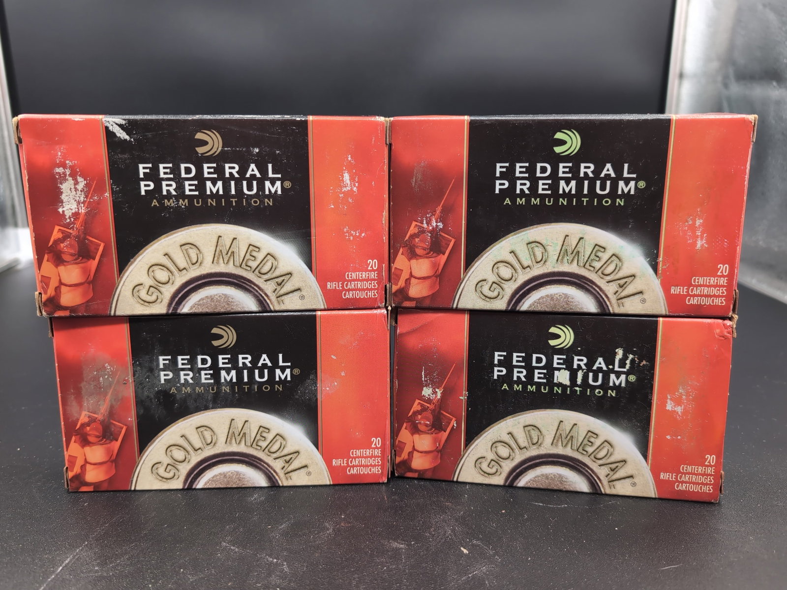 Four Boxes of Federal Premium Gold Medal .308 Winchester 168 Grain Sierra MatchKing BTHP Ammunition: A lot consisting of four boxes of Federal Premium Gold Medal centerfire rifle cartridges. Each box contains 20 rounds of .308 Winchester ammunition, featuring 168 grain Sierra MatchKing Boat Tail Holl
