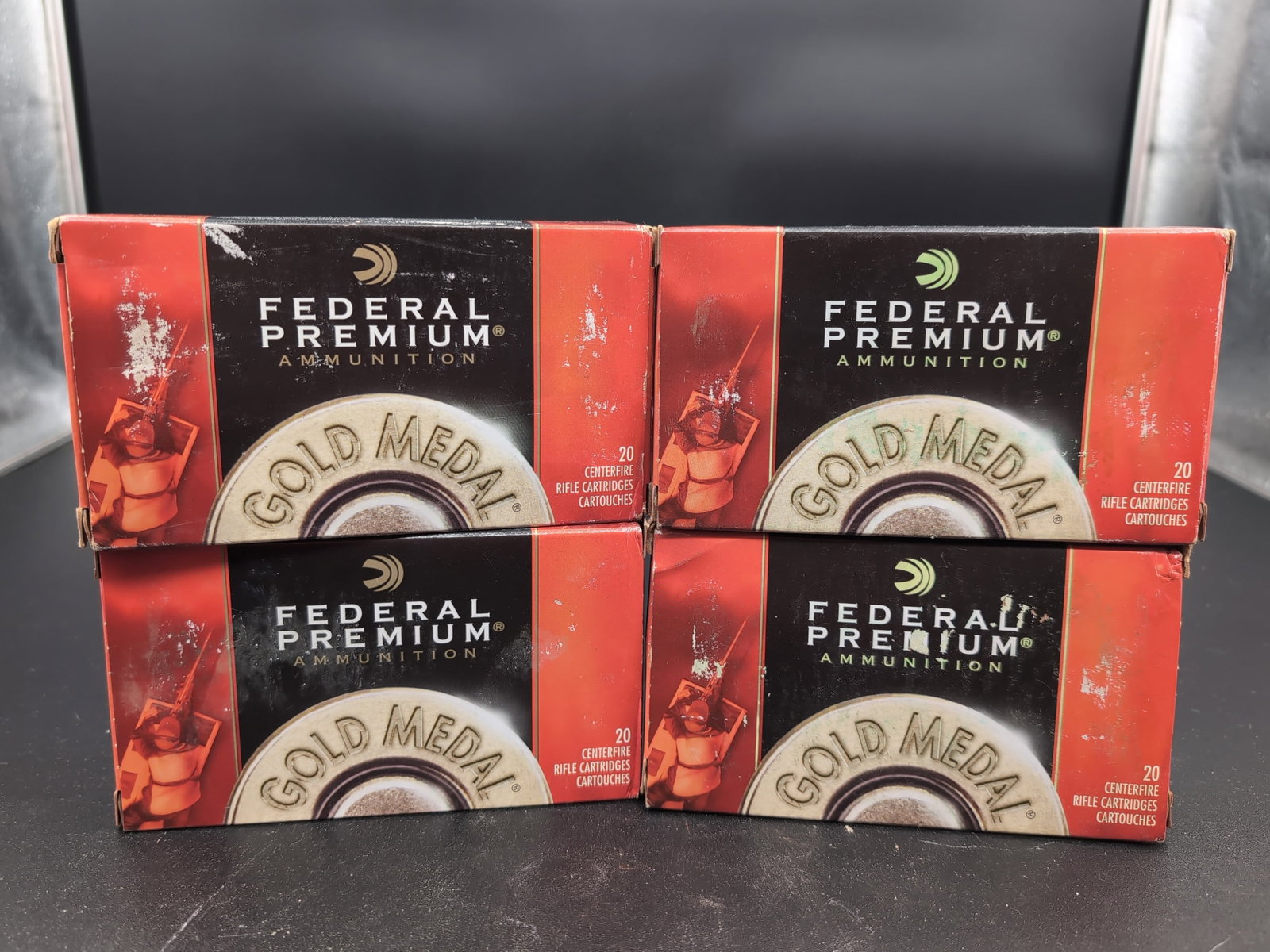 Four Boxes of Federal Premium Gold Medal Match .308 Winchester 168 Grain Ammunition: A lot consisting of four boxes of Federal Premium Gold Medal Match centerfire rifle ammunition. Each box contains 20 cartridges of .308 Winchester, 168 grain Sierra MatchKing BTHP (Boat Tail Hollow Po