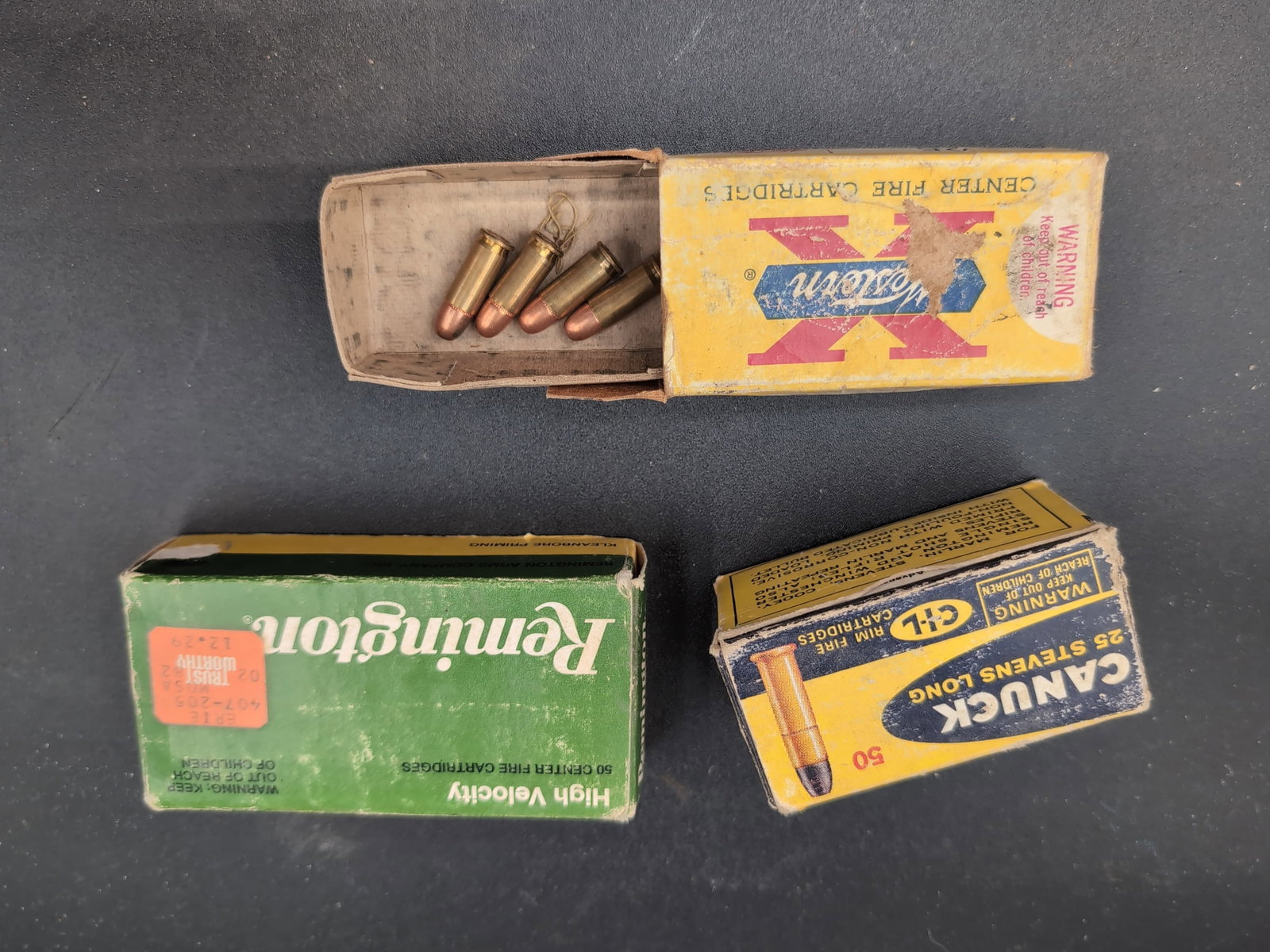 Assorted Ammunition Boxes: Western .25 Auto, Remington .25 Auto, and Canuck .25 Stevens Long (1 of 3)