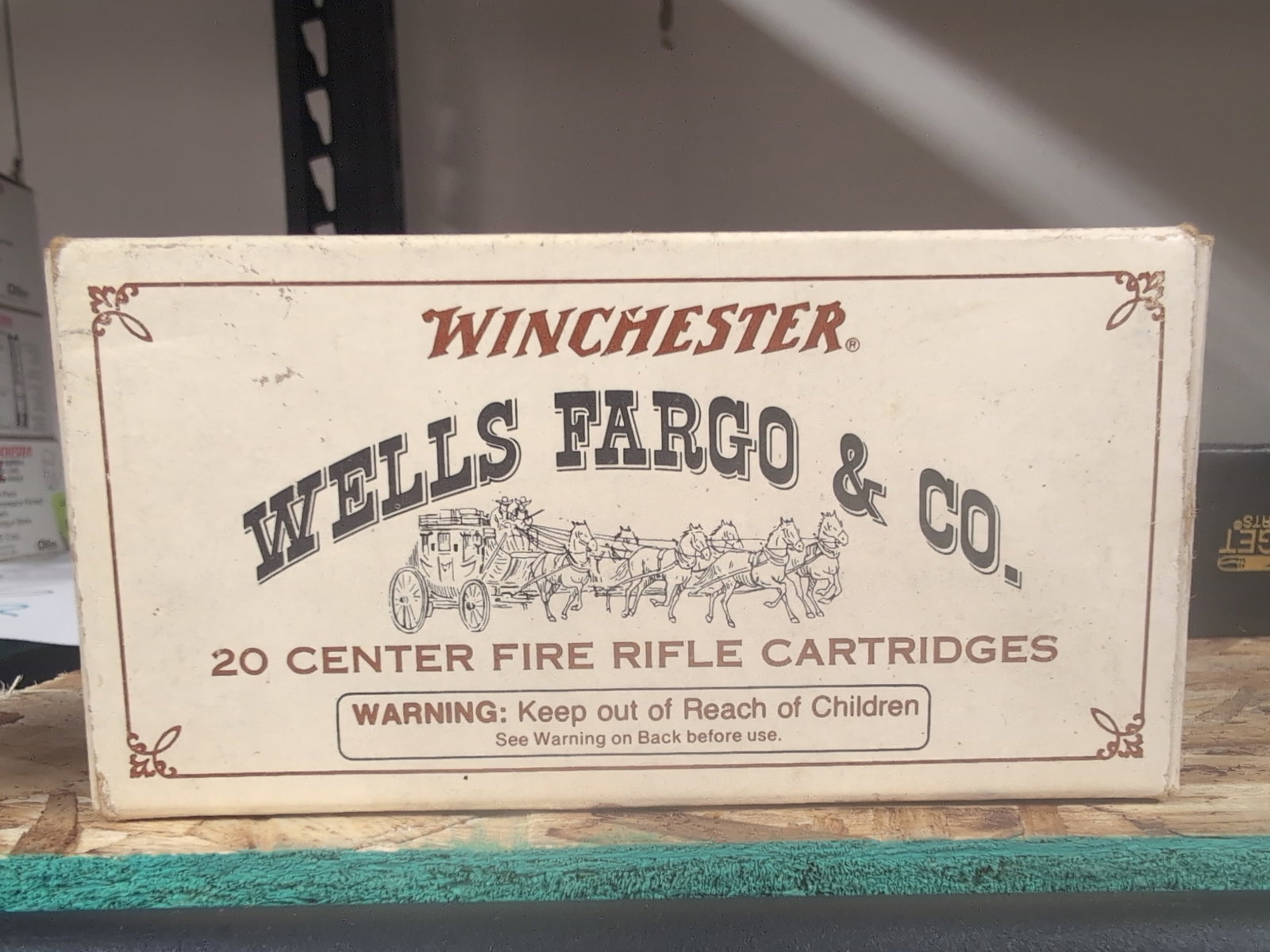 Winchester Wells Fargo & Co. 30-30 Rifle Cartridges Box: A box of Winchester Wells Fargo & Co. 30-30 center fire rifle cartridges. The box contains 20 rounds of 150 grain Silvertip ammunition, model number W3030WF.