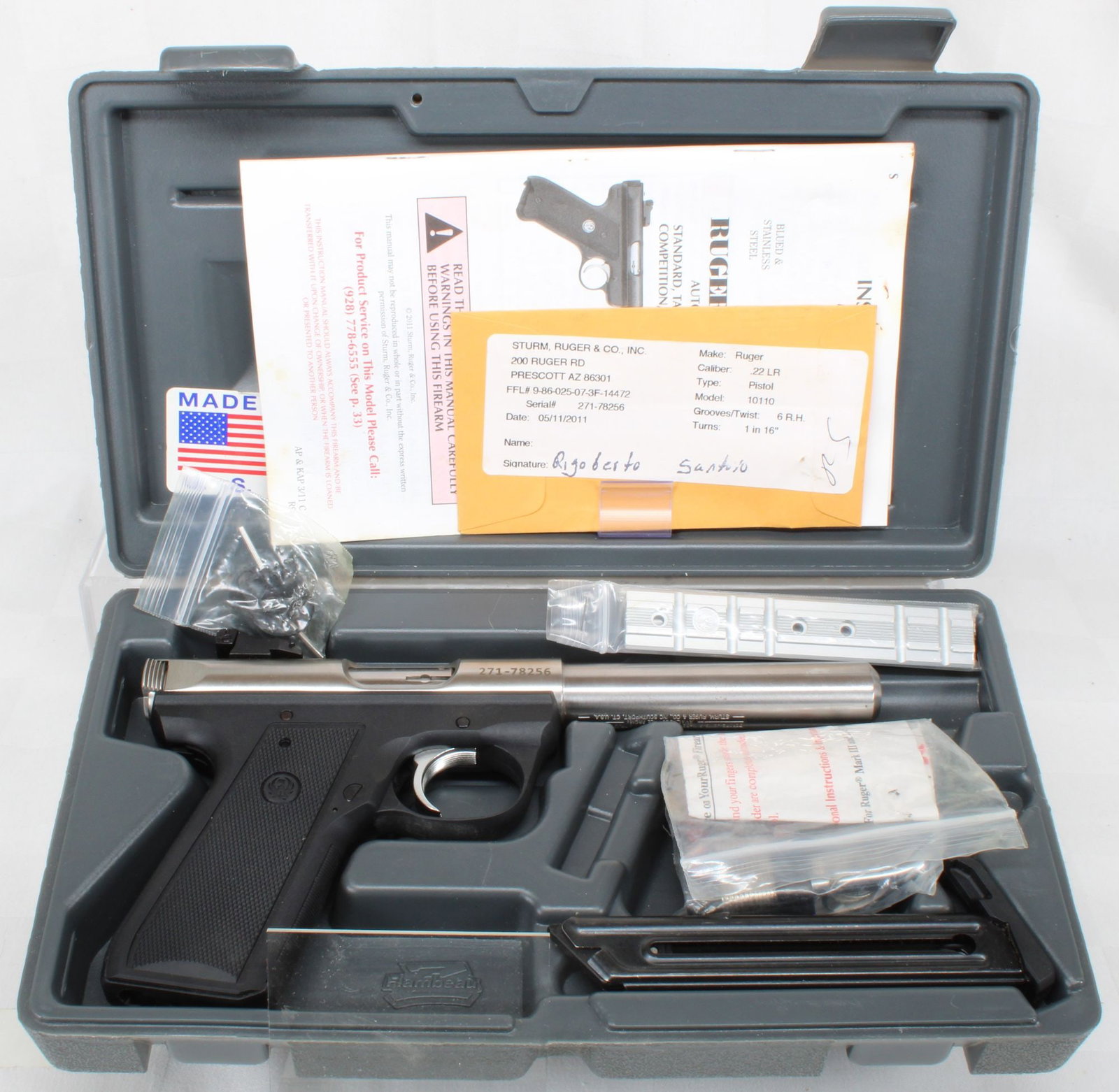 Ruger 22/45 MK III Target .22 LR Semi-Automatic Pistol, S/N 271-78256, w/ Original Box & Accessories: Ruger 22/45 MK III Target semi-automatic pistol chambered in .22 LR. Features a 1911-style grip angle and polymer lower frame matched to a stainless steel upper assembly. Includes original factory box