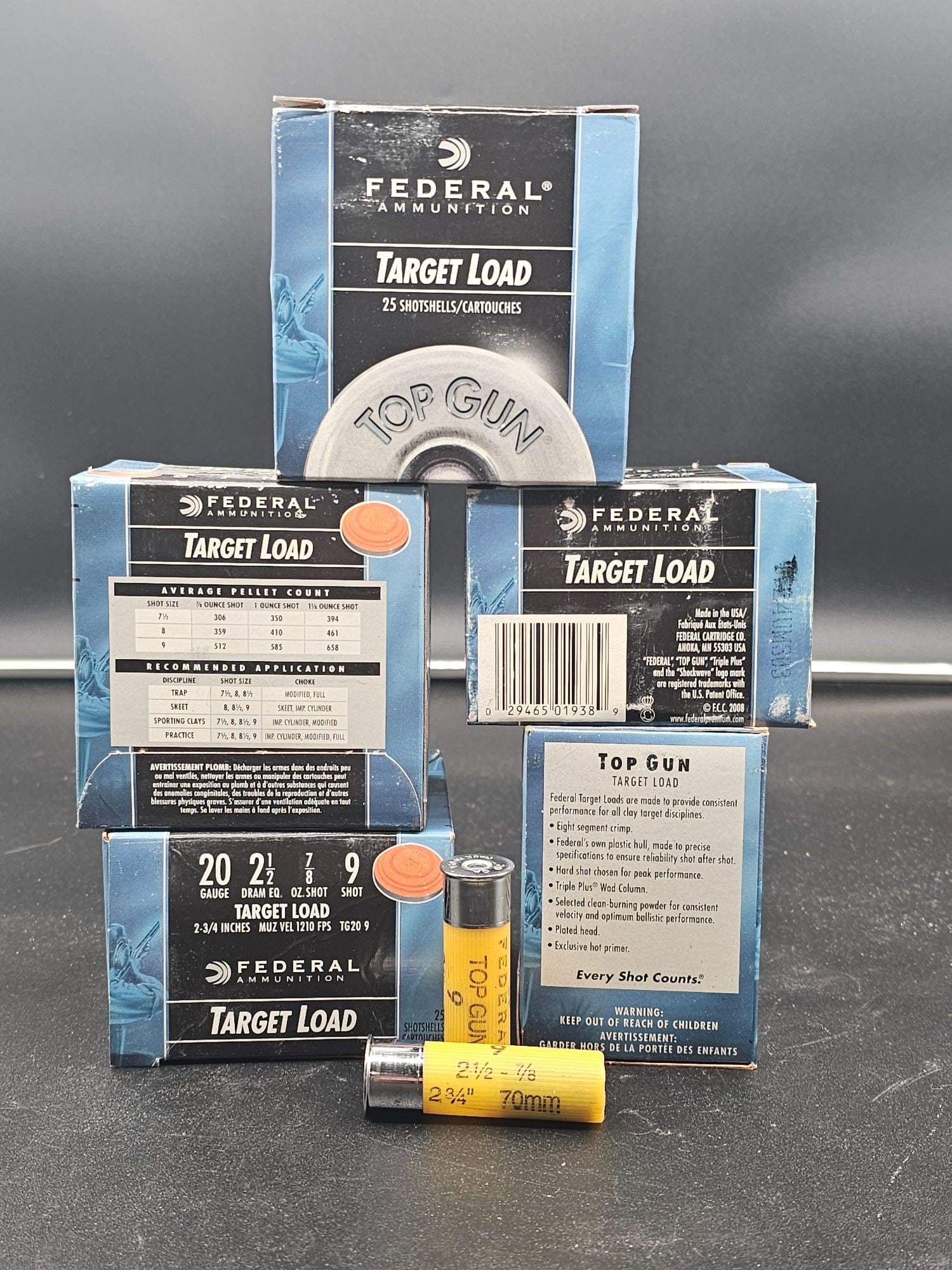 125 Shells of Federal Ammunition Target Load Shot Shells: 5x boxes of Federal Ammunition Target Load 20 Gauge, 2 1/2 Dram eq., 7/8 oz shot, 9 Shot Shotgun Shells