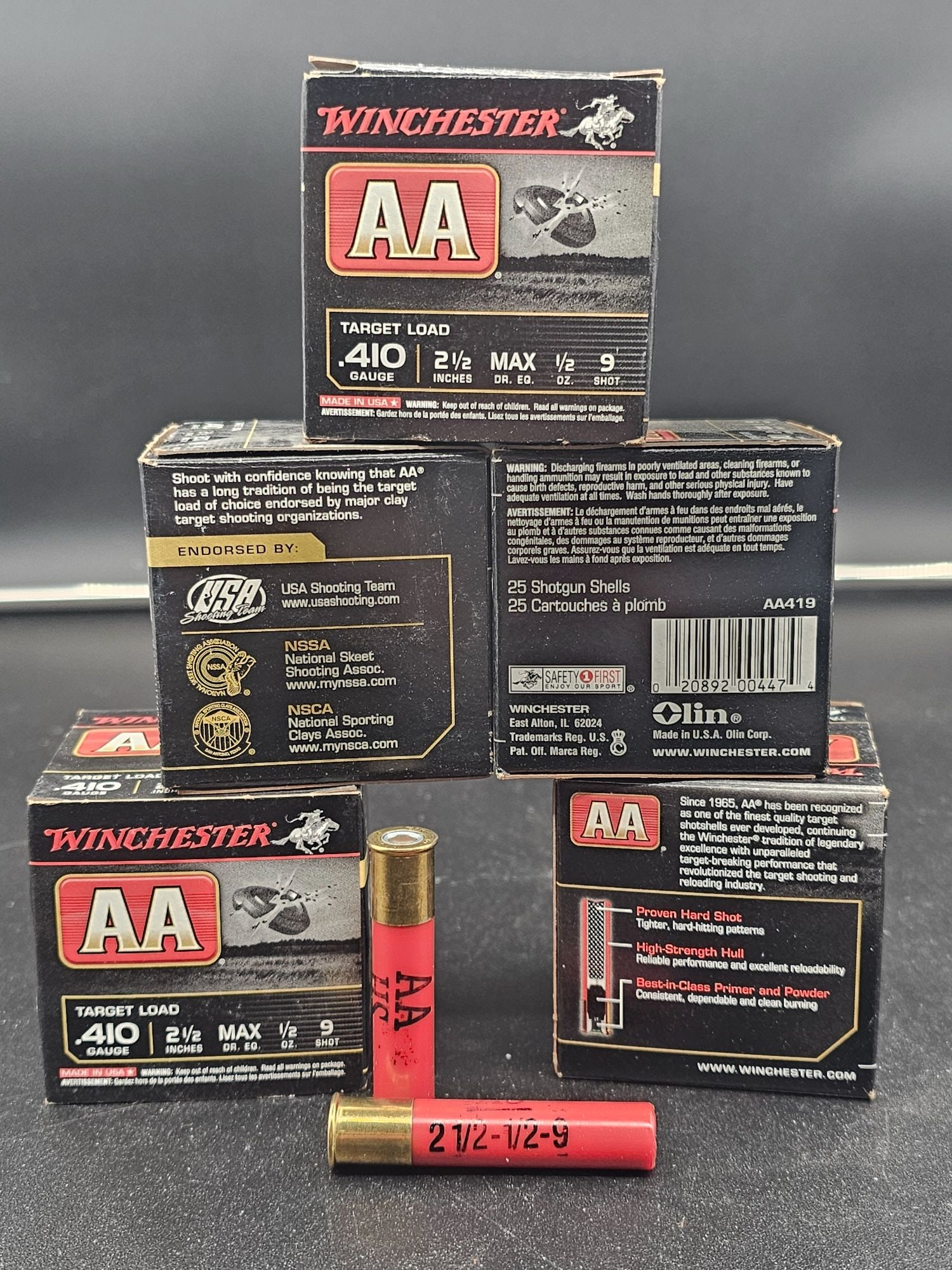 ~125 Shells of Winchester AA Target Load Shot Shells: 5x Boxes of Winchester AA Target Load, 410 Gauge, 2 1/2 inches, MAX dr. eq. 1/2 oz, 9 shot shells