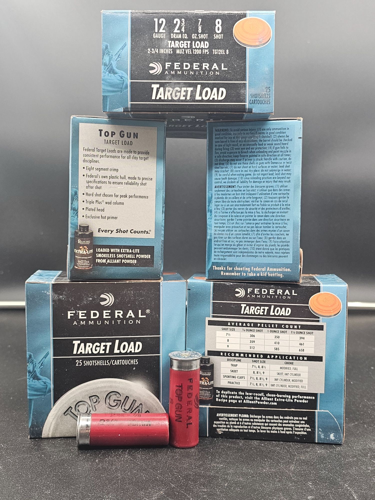 ~125 Shells of 12 Gauge Federal Ammunition Target Load Shot Shells: 5 boxes of Federal Ammunution Taget Load 12 Gauge, 2 3/4 dr. eq., 7/8 oz shot, 8 shot shells