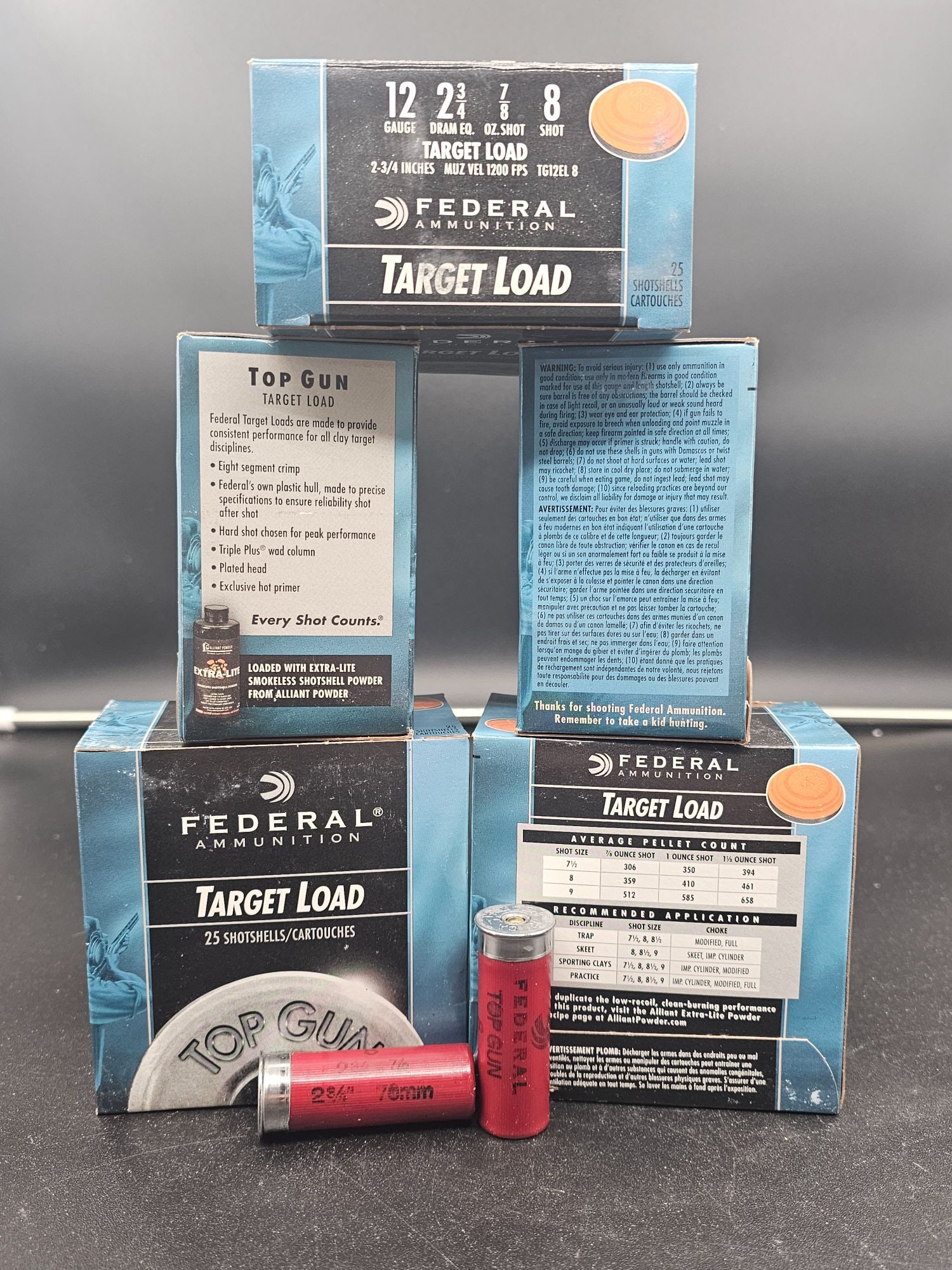 ~125 Shells of Federal Ammunition Target Load Shot Shells: 5 boxes of Federal Ammunution Taget Load 12 Gauge, 2 3/4 dr. eq., 7/8 oz shot, 8 shot shells