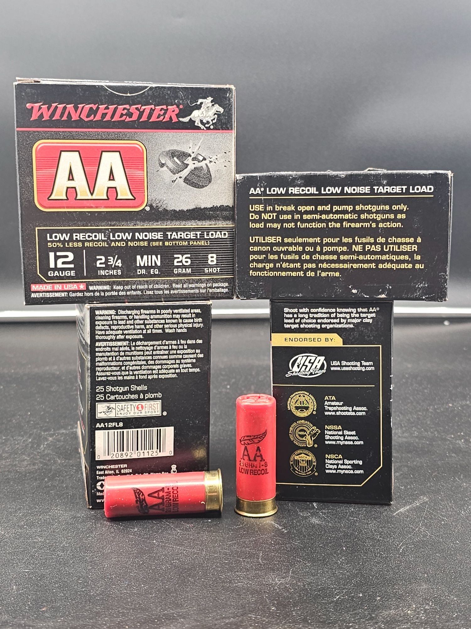 ~100 Shells of Winchester AA Low Recoil Low Noise: 4 boxes of Winchester AA Low Recoil Low Noise Target Load 12 Gauge, 2 3/4 inch, MIN dr. eq., 26 gram, 8 shot shells