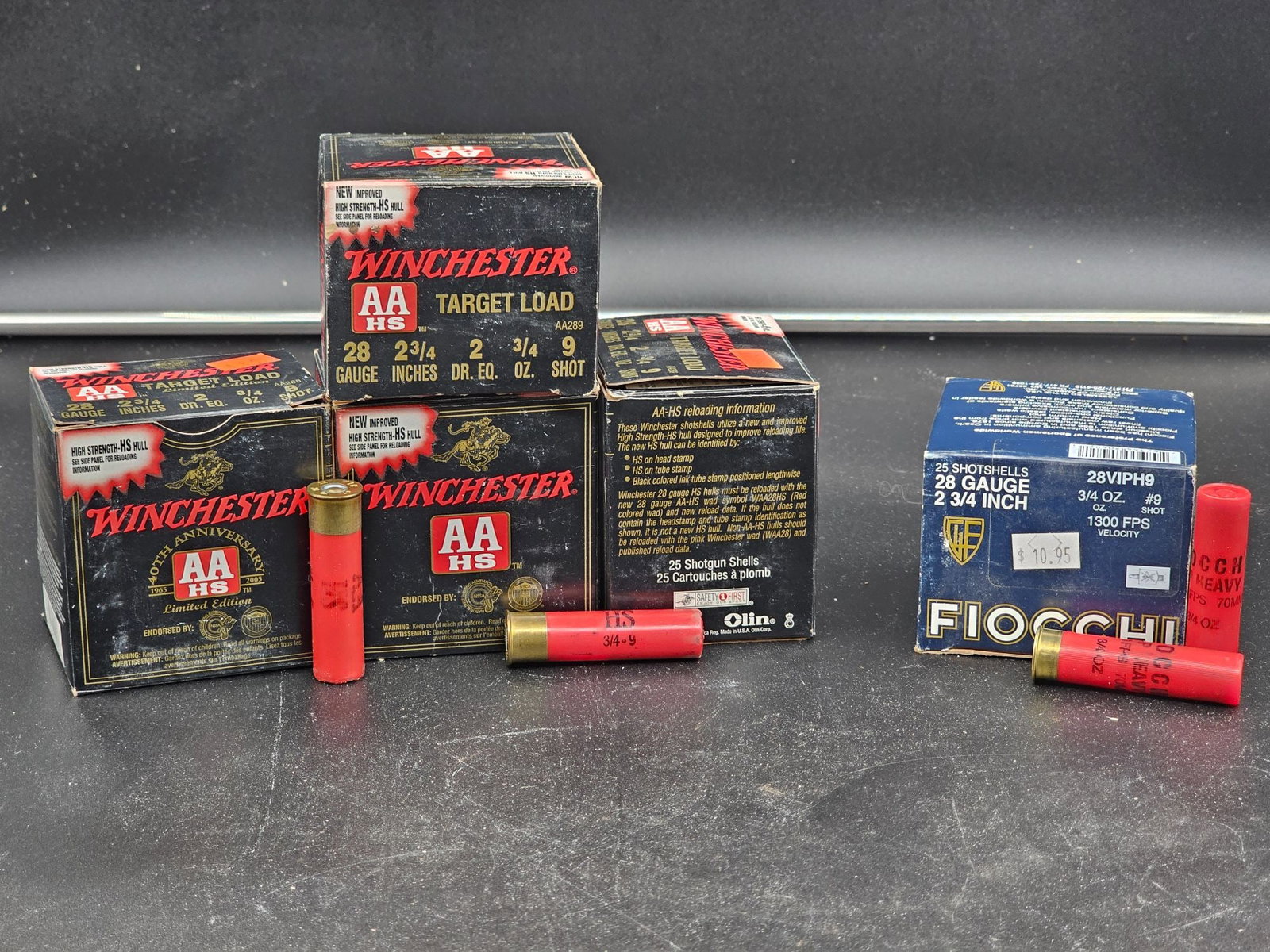 ~125 Shells of Winchester AA HS/ Fiocchi Target Load Shot Shells: 5 boxes of Winchester AA HS/ Fiocchi Shotshells, 28 Gauge, 2 3/4 inches , 9 shot