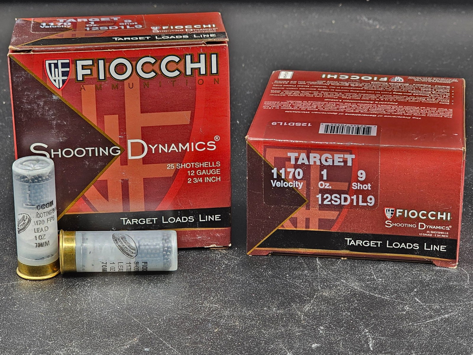 ~50 Fiocchi Shooting Dynamics Target Load Shot Shells: 2 boxes of Fiocchi Shooting Dynamics Target Load Shot Shells, 12 gauge, 2 3/4 inch, 1170 velocity, 1 oz, 9 shot